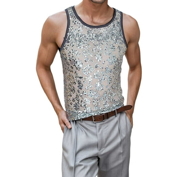 Men's Sequin Vest Solid Color Sequin Splicing Elastic Skinny Round Neck Vest Men's Stagewear
