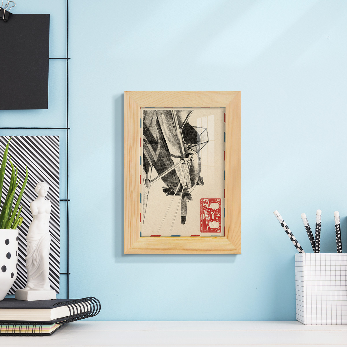 Vintage Airmail I -Framed Print w/glass-Natural Wood