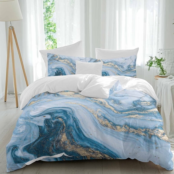 Blue Gradient Marble Queen Size Comforter Set, Abstract Gold White Ombre Wave Texture Bedding for All Seasons, 4 Pcs Bed Set, 1Quiltcover (90"x92") ,1Sheet(94"x116"), 2Pillowcases (30"x20")