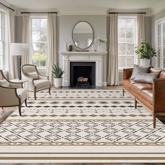 Large Area Rugs for Living Room Bedroom, Boho Ethnic 6'x9' Rug Washable Carpet Runner Indoor Outdoor, Aztec Bohemian Vintage Geometric Brown Rustic Non Slip Floor Mats Rug for Kitchen, Playroom