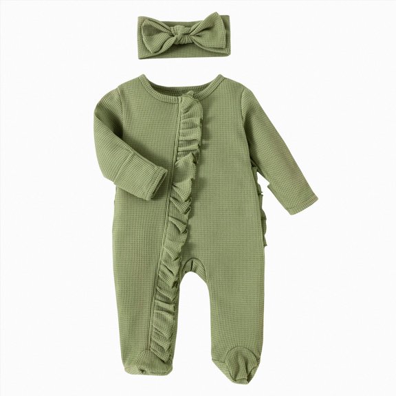 Linfrsh Girl Footies Romper Solid Color Frills Baby Jumpsuit Zip Up Romper Clothes with Headband 0 3 6 9 12 18 Months (Green,12-18 Months)