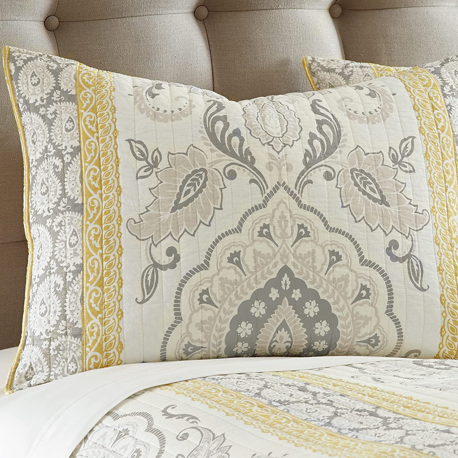 Levtex Home - St. Claire Quilt Set - King Quilt (106x92in.) + Two King Pillow Shams (36x20in. ) - Suzani and Paisleys - Grey and Yellow - Reversible