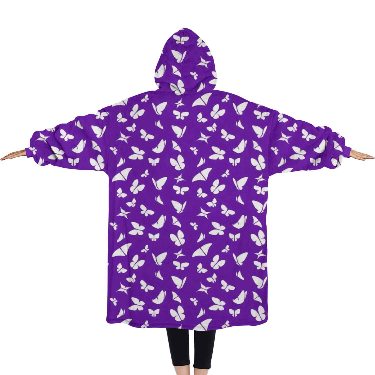 Oversized Wearable Blanket Hoodie,Purple White Butterfly Pattern Sherpa Blanket Hoodie with Super Pockets,Super Warm Fuzzy Pullover for Women & Men
