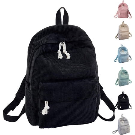 Bow Corduroy Backpack – Cute Kawaii Large-Capacity Rucksack, Tablet Casual Bag for School & Travel (Black)