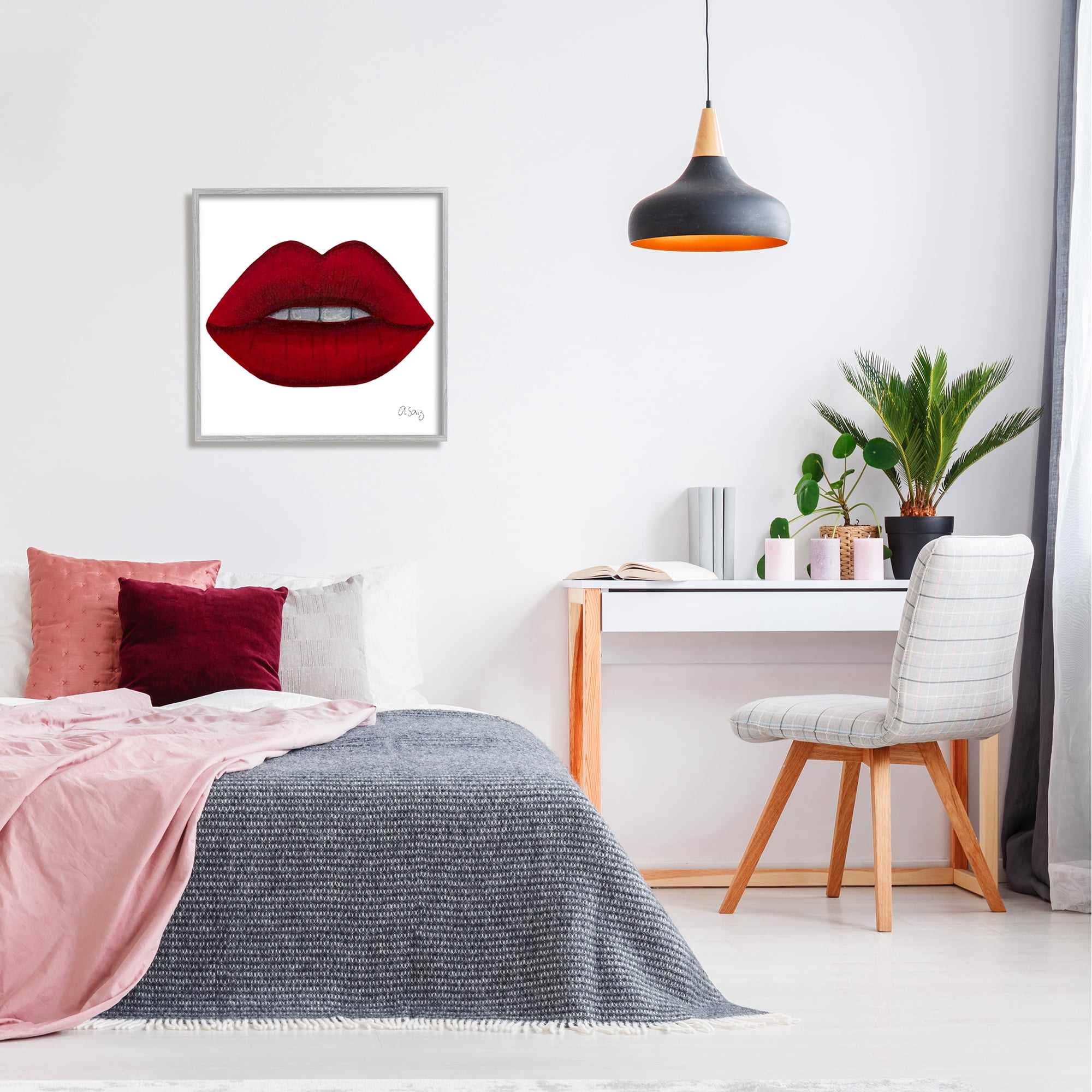 Stupell Industries Red Lips on White Beauty & Fashion Painting Gray Framed Art Print Wall Art, 24 x 24