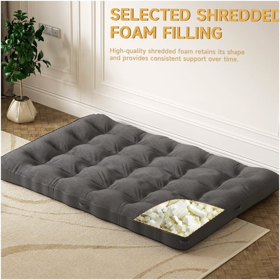 6 Inch Thick Full Size Floor Mattress, Foldable Guest Bed with Anti-Slip Base for Sofa, Daybed, and Apartment Living, Light Gray Corduroy Fabric