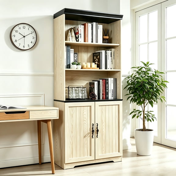 AUU 70.86" Tall Freestanding Display Cabinet with 5 Tiers & Barn Doors  Adjustable Shelves, MDF Wood Bookshelf Storage Unit for Living Room, Bedroom, Kitchen, Pantry, or Bar Area