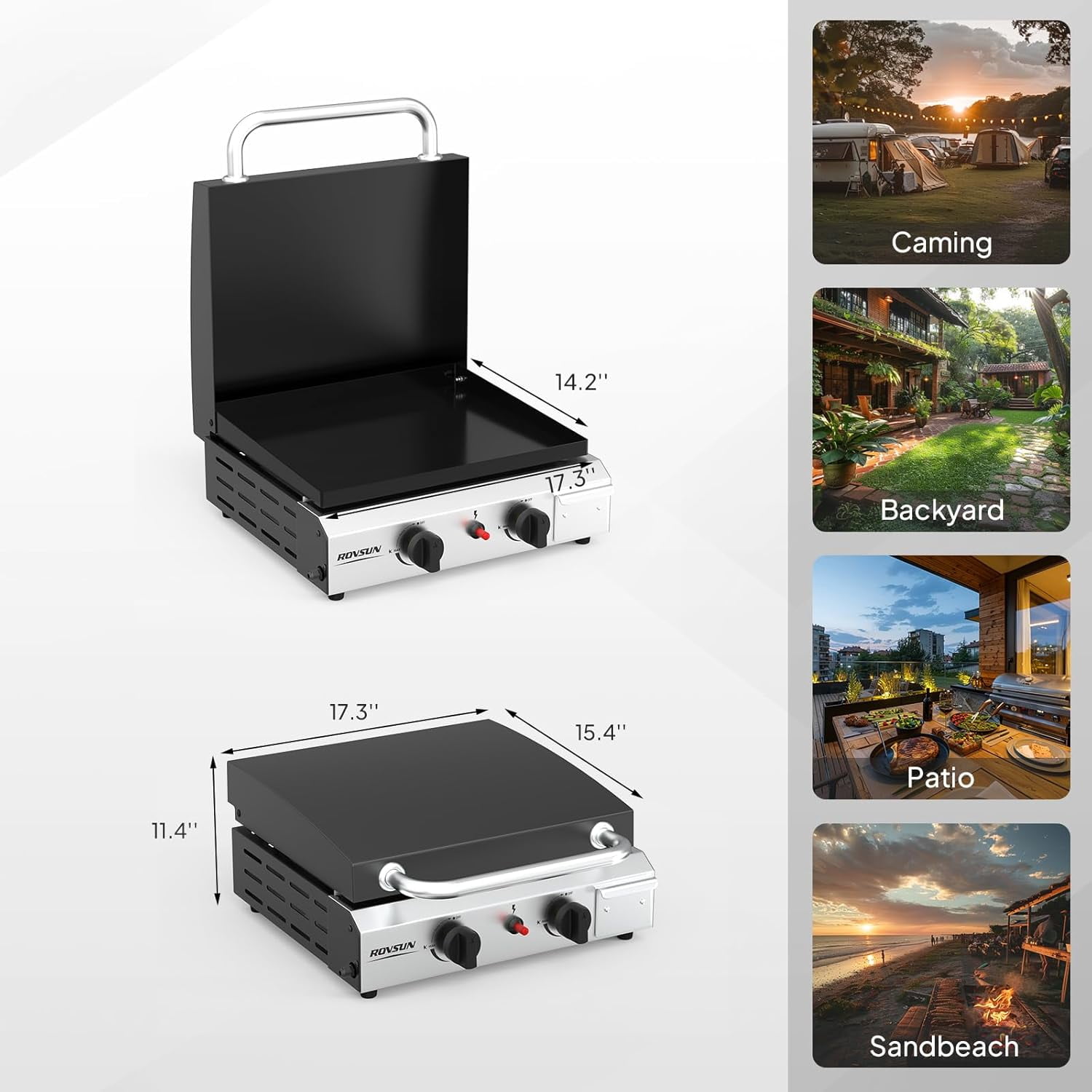 TUFFIOM 2 Burner Portable Propane Griddle with Enameled Tray & Lid, 20000 BTU Rolling Flat Top Gas Grill with Electronic Ignition & Regulator for Outdoor Cooking Camping BBQ Tailgating
