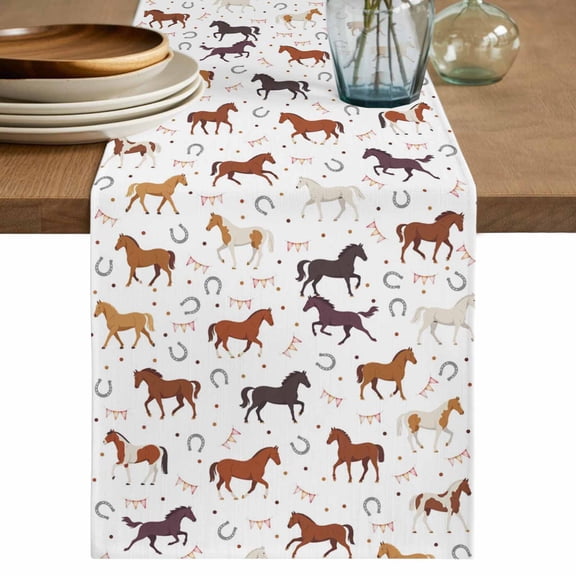Table Runner 36 Inches Long for Kitchen Dining, Beige Brown Horses Dresser Scarf Farmhouse, Dining Table Decorations for Wedding/Parties, Horseshoes Farmhouse Abstract Art 13 x 36 In