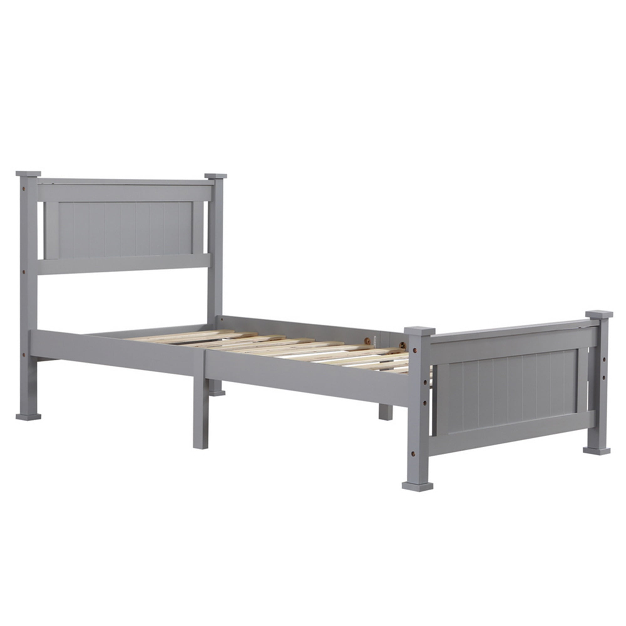 Kadyn Twin Bed Frame, Single Core Full Panel Headboard, Twin Decorative Bed, Gray, No Springs Required, Same End Gray Single Solid Pine Bed