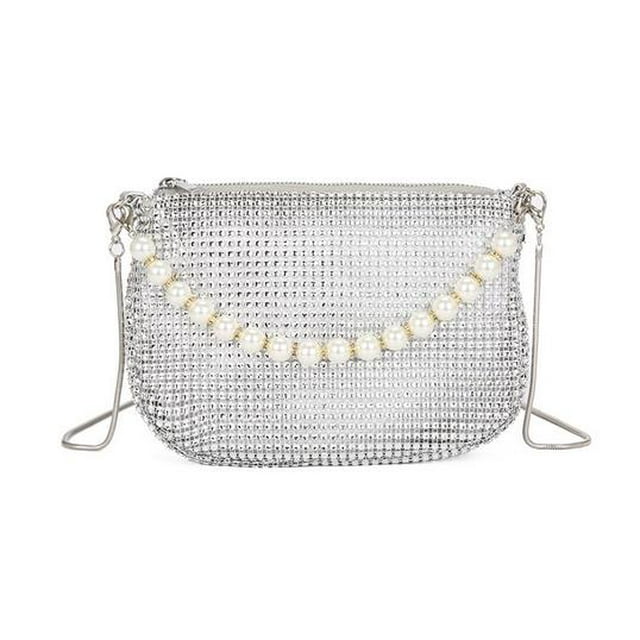KAKOWELY Elegante bolso de mano con diamantes de imitación para mujer, bolso de noche brillante con cadena cruzada y asa de perla para fiestas, bodas y eventos formales.