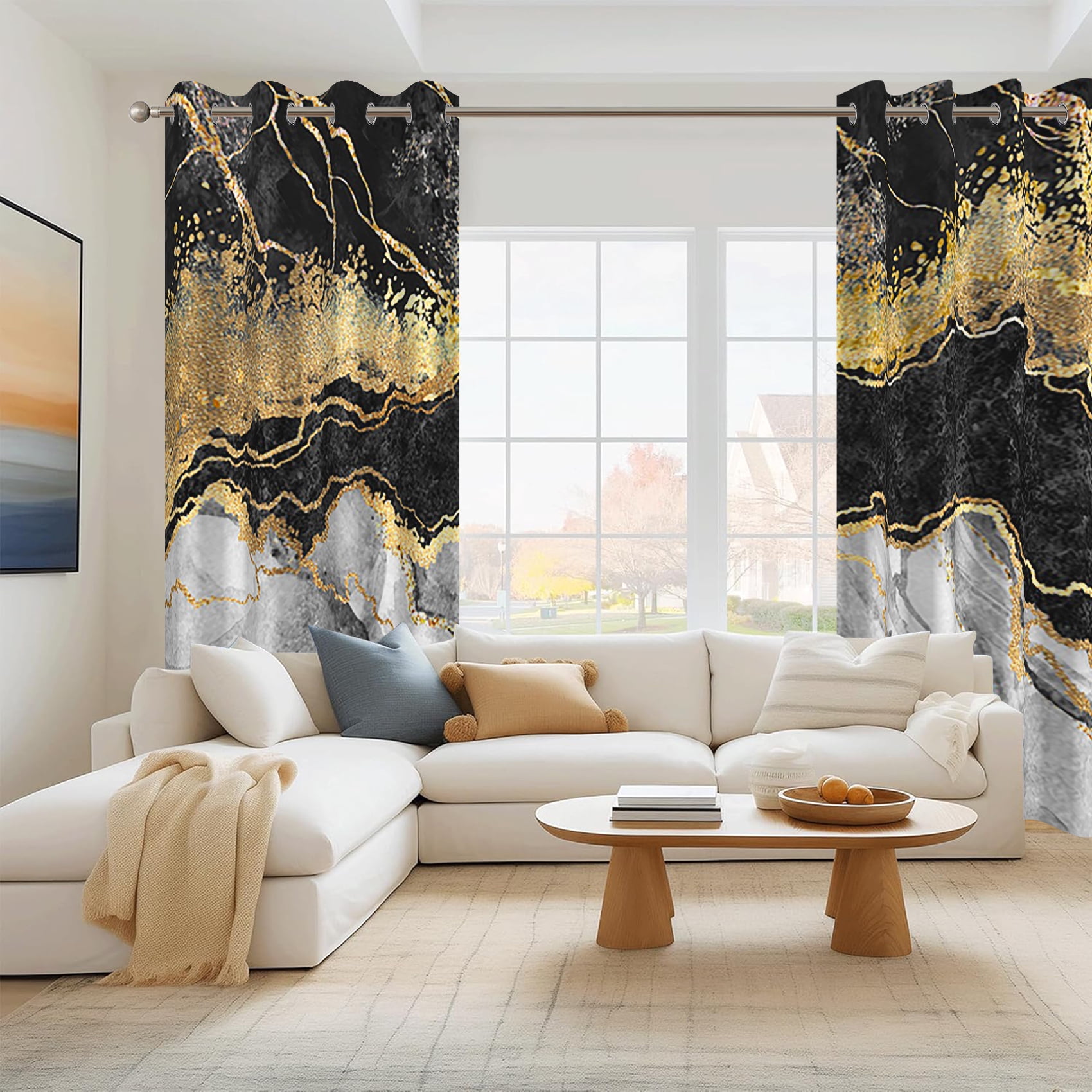 Dashan Black Gold Gray Marble Blackout Curtains for Bedroom Living Room Decor Grommet Window Drapes 42x63 Inch,2 Panels