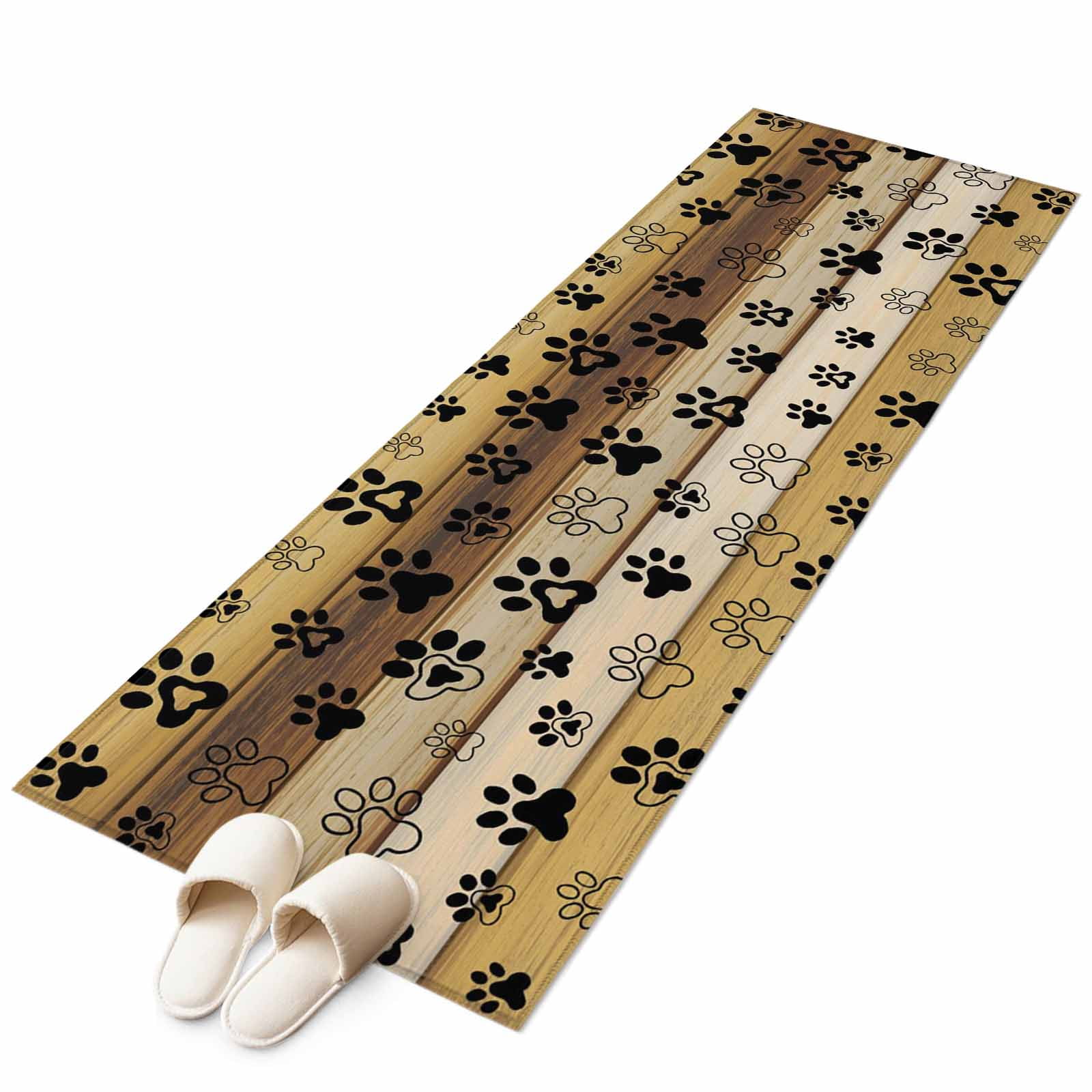 2'x6' Rug Runners for Hallways Kitchen, Cute Dog Claws Non Slip Entryway Beside Floor Carpet Runner, Farmhouse Brown Wooden Grain Puppy Pawprints Laundry Room Bedroom Throw Rugs Mat for Family Pet