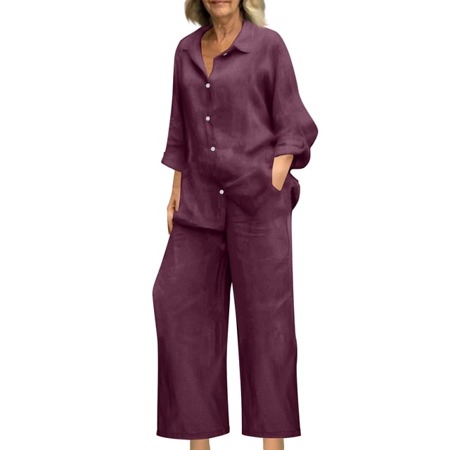 Miqool 2 Piece Sets for Women Summer Tracksuits Button Down Oversized Shirts and Wide Leg Long Pants Two Piece Lounge Sets Matching Outfits with Pockets