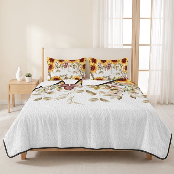 3 Pieces Queen Quilt Set,Sunflower Fall Eucalyptus Leaves Seamless Soft Bedding Sets with 1 Quilt&2 Pillow Shams,Happy Thanksgiving Fallen Leaf Summer Bedspread Lightweight Coverlet Comforter