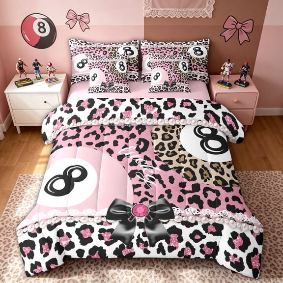 meiyoeat Billiards Lucky 8 Twin Bedding for Girls, Bow Pearl Pink Leopard Print Bedding Comforter Set, Pink Reversible, 7 Pieces