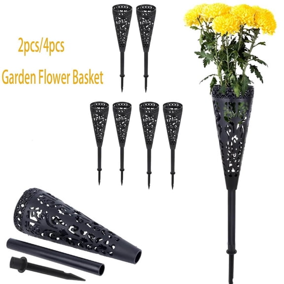 Outdoor Garden Planters, Metal Flower Garden Stakes, Black, Cones, Iron, 2 Pc, Decorative Baskets, Yard Landscaping, Patio Garden, Ground Mounting