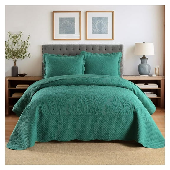 3-Piece 100% Cotton Oversized Bedspread Set Coverlet Set Lightweight Quilt Set Embroidery Farmhouse Bedding Set T0 (Emerald, King (118"x106"))