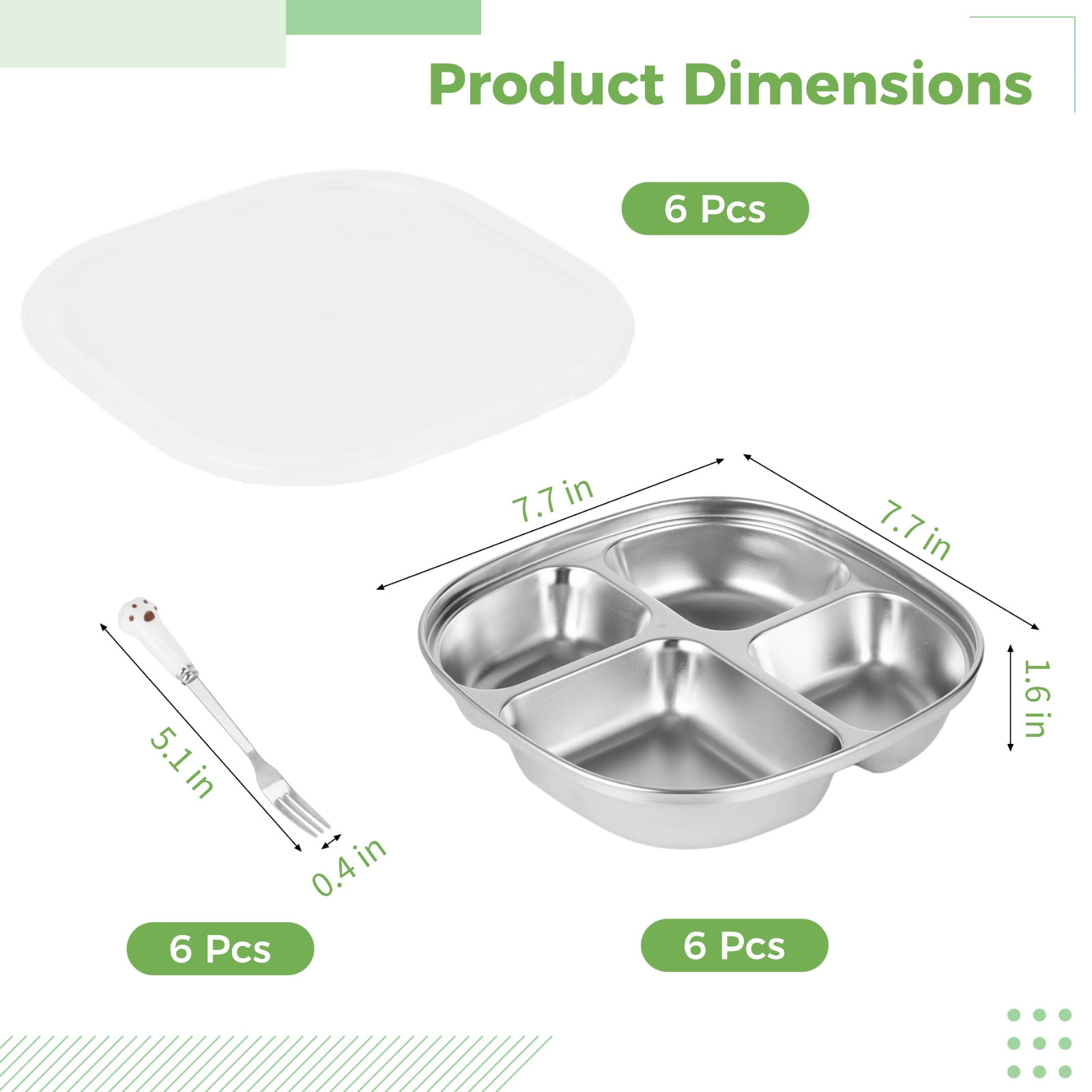 6PCS Stainless Steel Snack Containers, 4-compartment Bento Boxes with Lids & Forks, Deep Large Metal Lunch Trays, Stackable Divided Lunch Containers for Home, Office, Travel