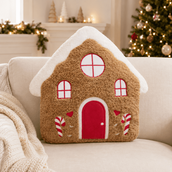 Christmas House Pillow Shaped Plush Throw Cushion For Couch Sofa Bed Living Room Holiday Seasonal Home Decor 12.6 X 12.6 In green