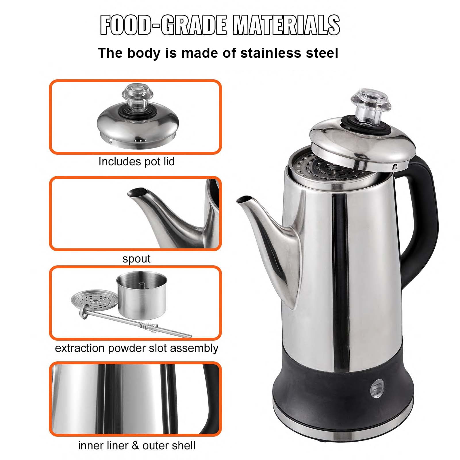 BENTISM 12-Cup 304 Stainless Steel Coffee Percolators Coffee Pot Coffee Maker Electric Coffee Percolator 1000W Automatic Keep-Warm & Split Power Base