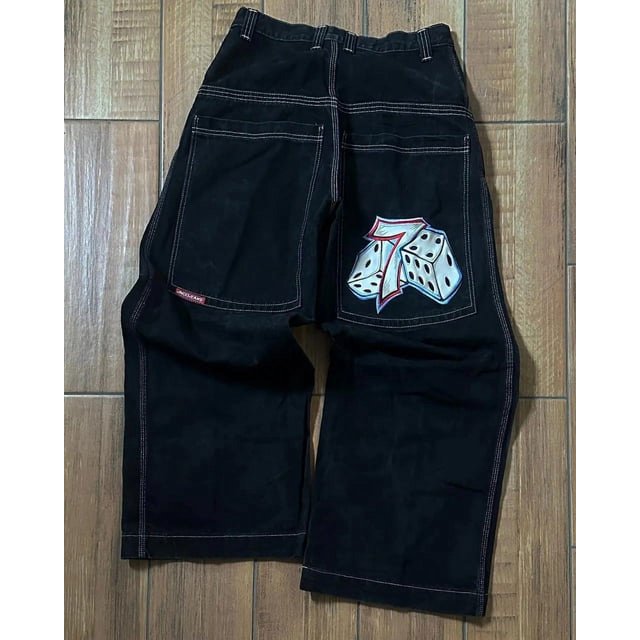 Lisheng by JNCO Jeans Unisexes Taille Haute Amples avec Motif de dés, Style Rétro de Rue, Bleu, Taille 7