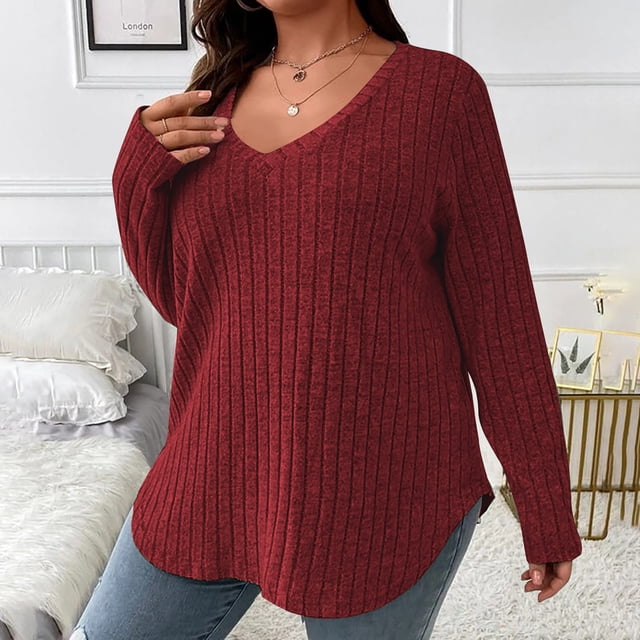 Clearance Horkkom Plus Size Sweaters for Women V Neck Solid Color Tunic Tops Fall Casual Sweaters Red 5XL