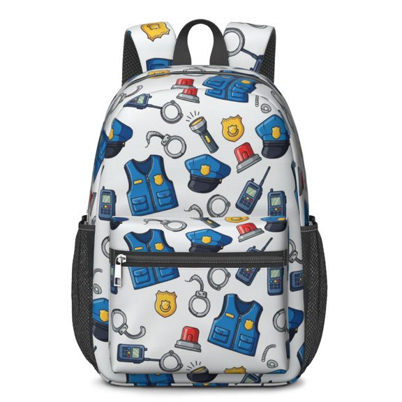Police and Vest White Pattern 17" Waterproof Oxford School Backpacks for Teens, S-Shape Padded Straps, for School, Travel, Hiking, Camping