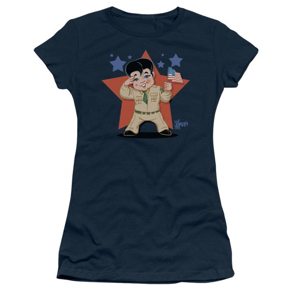 Trevco ELV675-JS-1 Elvis Presley & Lil GI Juniors Sheer Cap Short Sleeve T-Shirt, Navy - Small