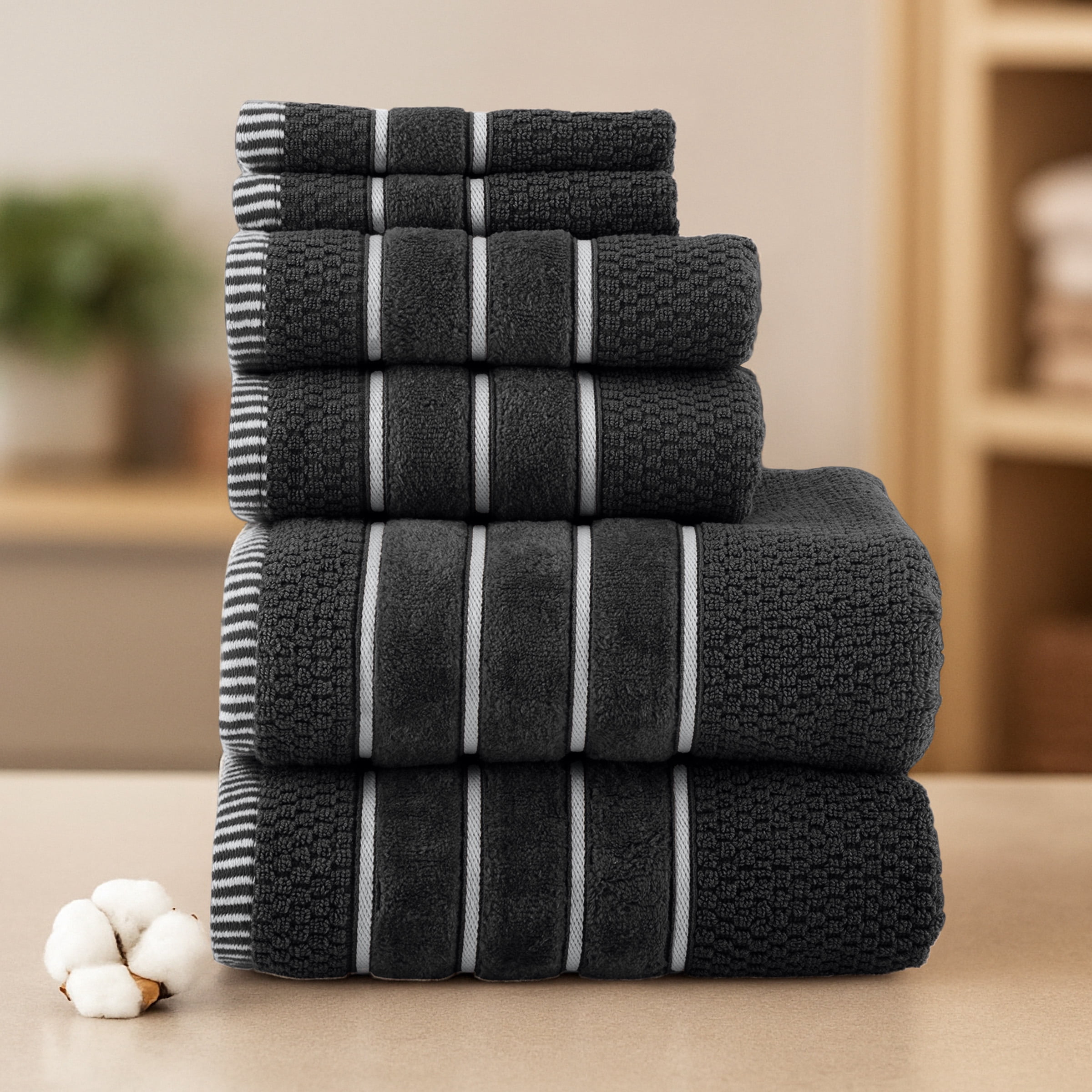 Lavish Home 6-Piece Combed Cotton Rice Weave Towel Set (Black)