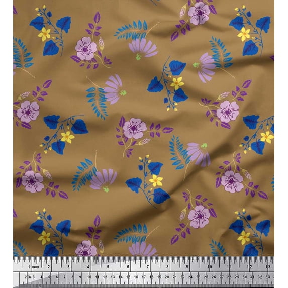 Soimoi Silk Fabric Leaves & Periwinkle Floral Fabric Prints By Yard 42 Inch Wide