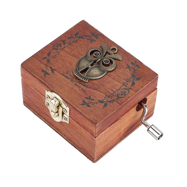 Caja de música con manivela de madera - Diseño de búho (regalo de cumpleaños)