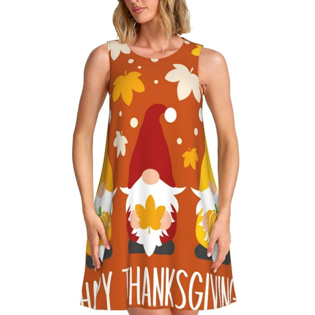 Disketp Happy Thanksgiving Three Gnomes para Vestido sin Mangas para Mujeres, Vestidos de Verano para Mujeres, Casual y Holgado para la Playa