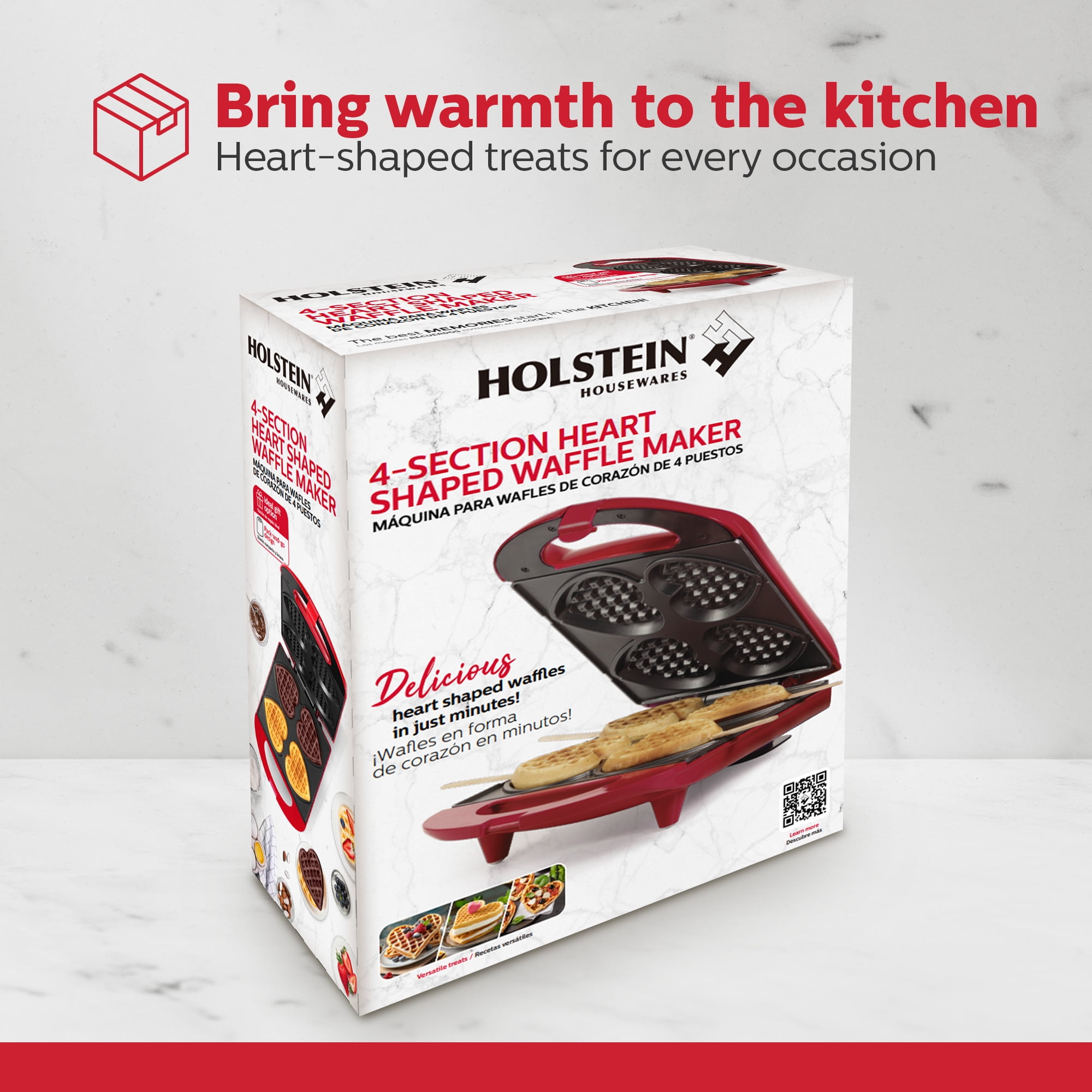Holstein Housewares 4-Section Heart Shaped Waffle Maker, Red