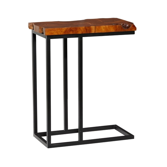 DecMode 11" x 25" Brown Teak Wood Live Edge Top Accent Table with Black Metal Base, 1-Piece