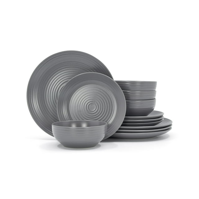 HT Evelyn grey 12-piece dinnerware set including plates and bowls with textured concentric circle pattern.