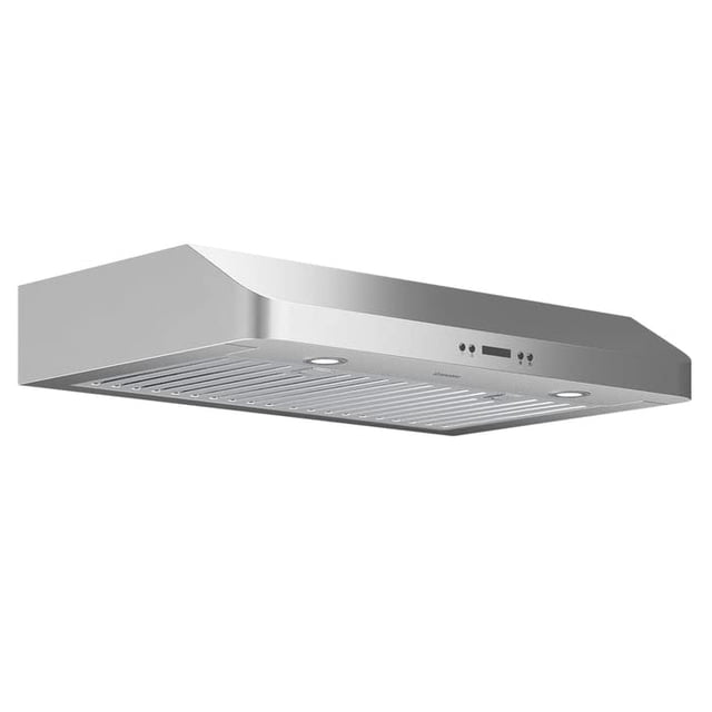 Hotte de Cuisinière Slim Chef de 30 Pouces sous Armoire en Acier Inoxydable par Ancona, avec Fini Brossé, Lumières DEL Intégrées et Boutons de Commande sur le Panneau avant. Ce Système de ventilation Est Idéal pour les Cuisines Modernes et Convient aux Espaces Compacts.