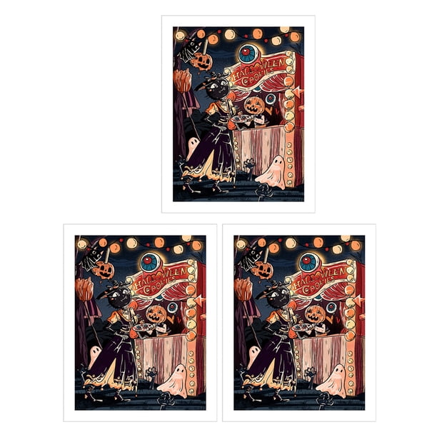 Matsuzay Paquete de 3 dibujos animados Cool Cat Halloween patrón sin marco desmontable lienzo colgante imagen impermeable Multicolor Color-fast Poster Decoración del hogar Matsuzay HA011819-00