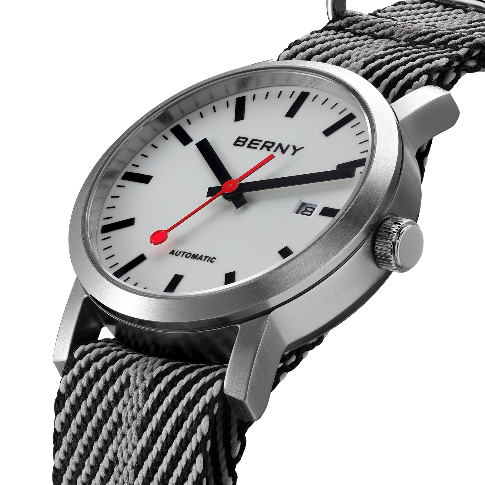 BERNY Automatic Watches for Men, Luxury Self Winding Mechanical Dress Watch with Date, Nylon Strap, Sapphire Crystal, Luminous, Stainless Steel, 50M Waterproof, Minimalist Mens Watches (White)