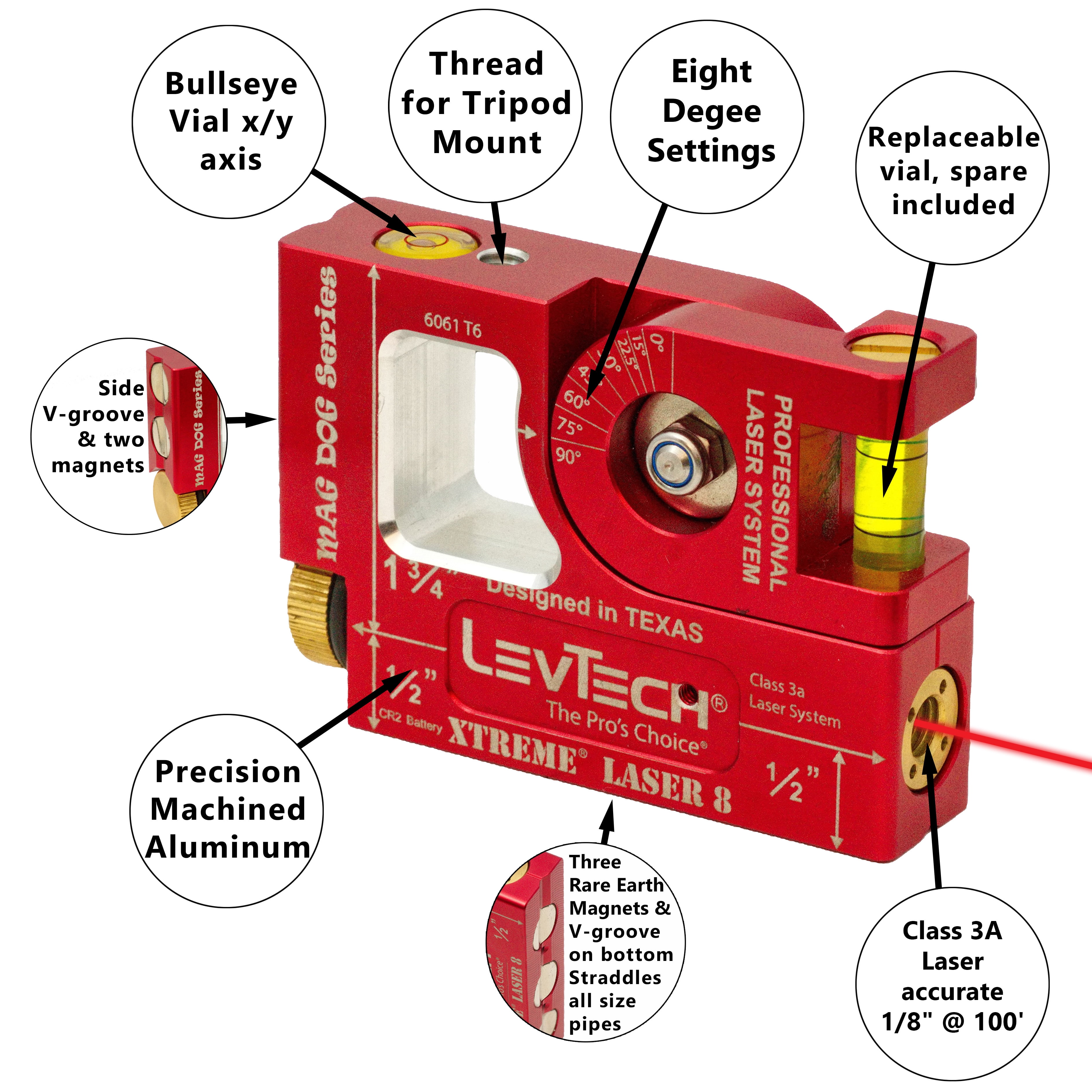 LEVTECH® Xtreme Laser Dog 8™ Laser Level – 2.24 mW Red Laser, 1/8” Accuracy at 100 ft, Billet Aluminum, Bullseye Vial, V-Groove Base
