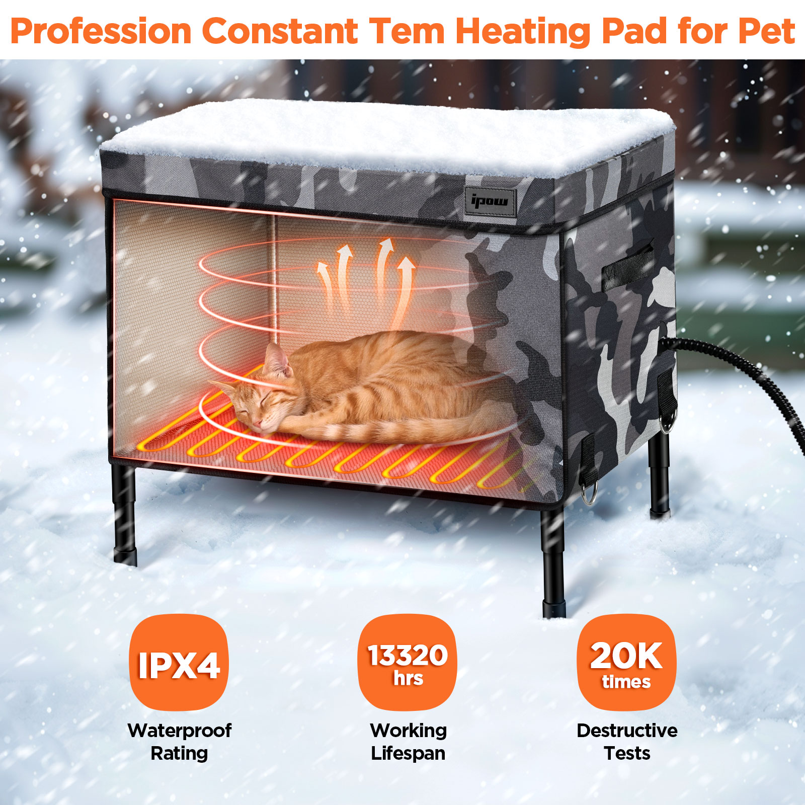 IPOW Heated Cat House for Outdoor Winter, Insulated Waterproof Shelter with Heating Pad, Camouflage Design for Feral Cats & Small Animals