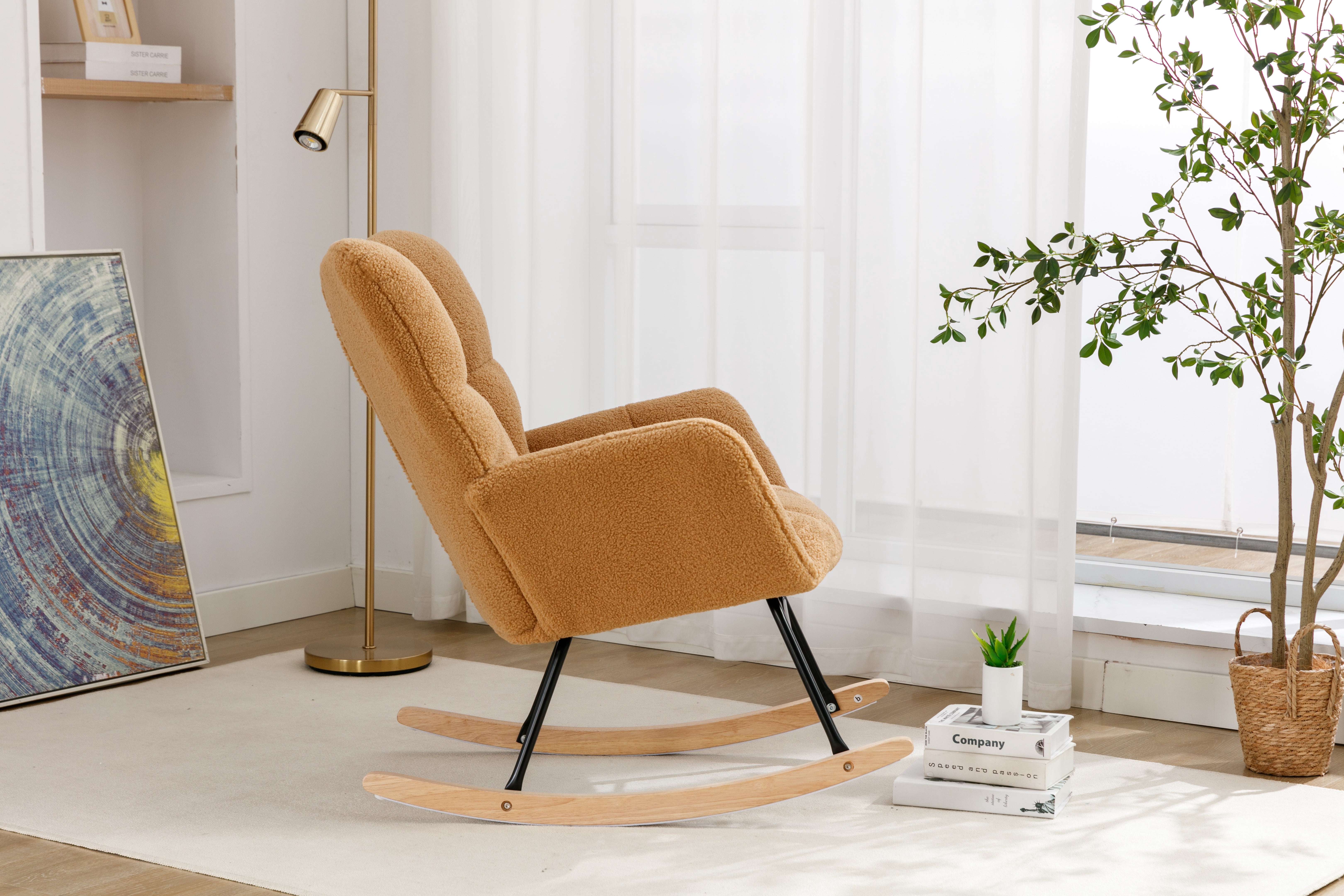 FFZ Teddy Fabric Rocking Glider Nursery Chair For Living Room Indoor Khaki
