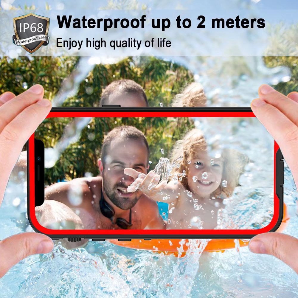 IP68 Waterproof Case for iPhone 12 Shockproof Dust Proof Full Body Hard Case Built-in Screen Protector Underwater Outdoor Clear Phone Cover (6.1" Red)