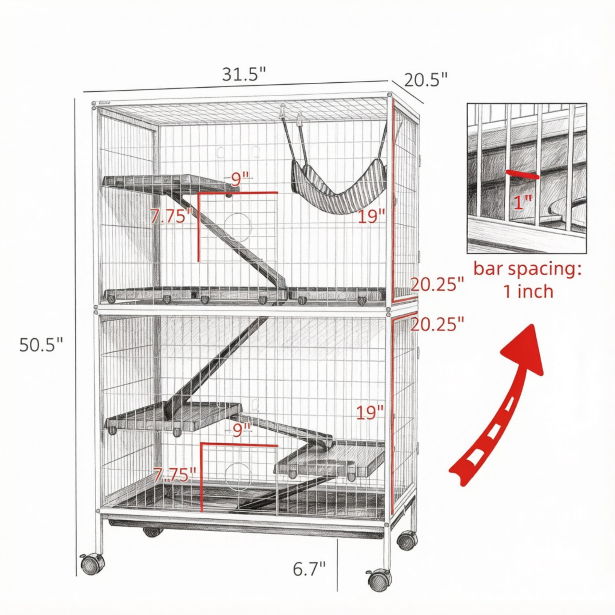 50 Inch Tall Rolling Ferret Chinchilla Cage, Small Animal Pet Habitat with Hammock, 4 Doors, Removable Tray