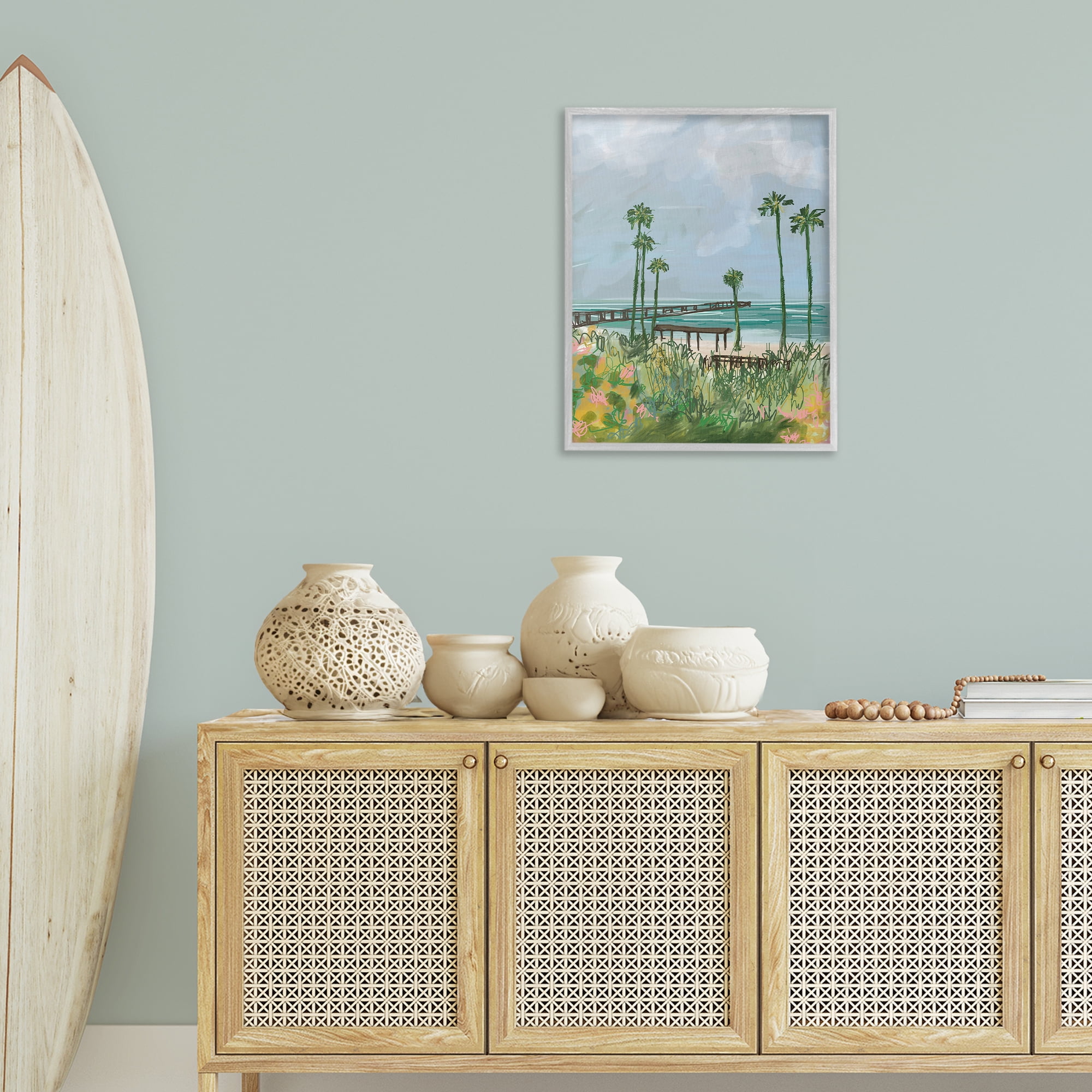 Stupell Industries Palm Trees Dock Scene Landscape Painting Gray Framed Art Print Wall Art, 24 x 30