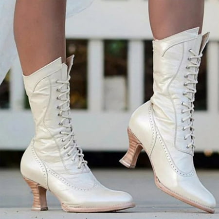 

Hvyes Boots Deals Women Chelsea Shoes Winter Warm Mid Heel Casual Retro British Style Solid Color Lace-Up Pointed Mid-Calf Boots