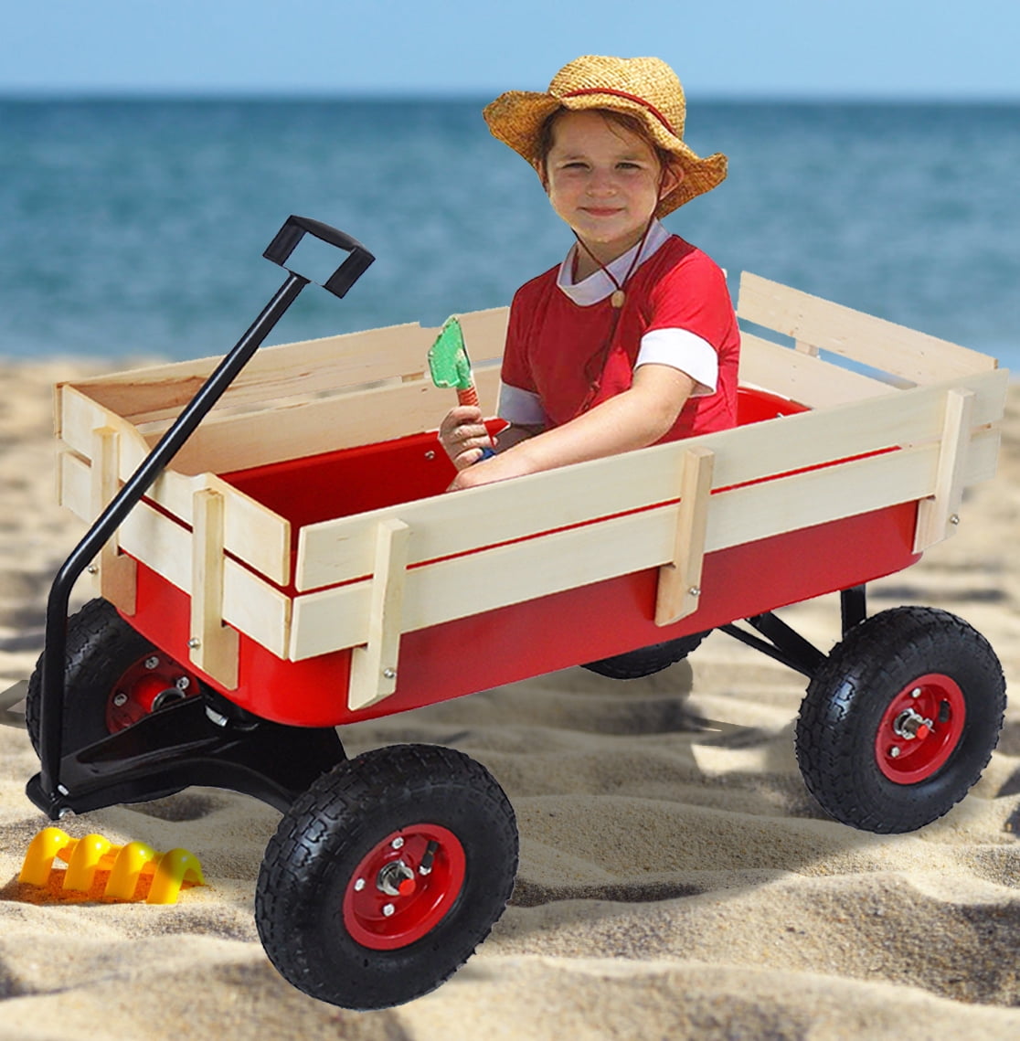 Details about   Wood Wagon Red Rubber Tires No Pinch Handle No Tip Steering Kids Toy Outdoor New 