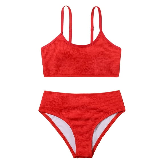 Ruyang Girls 2025 Kids Bikini Swimsuit Solid High Waist Set Youth Swimming Bathing Suits Spaghetti Athletic Sport Swimwear Suits