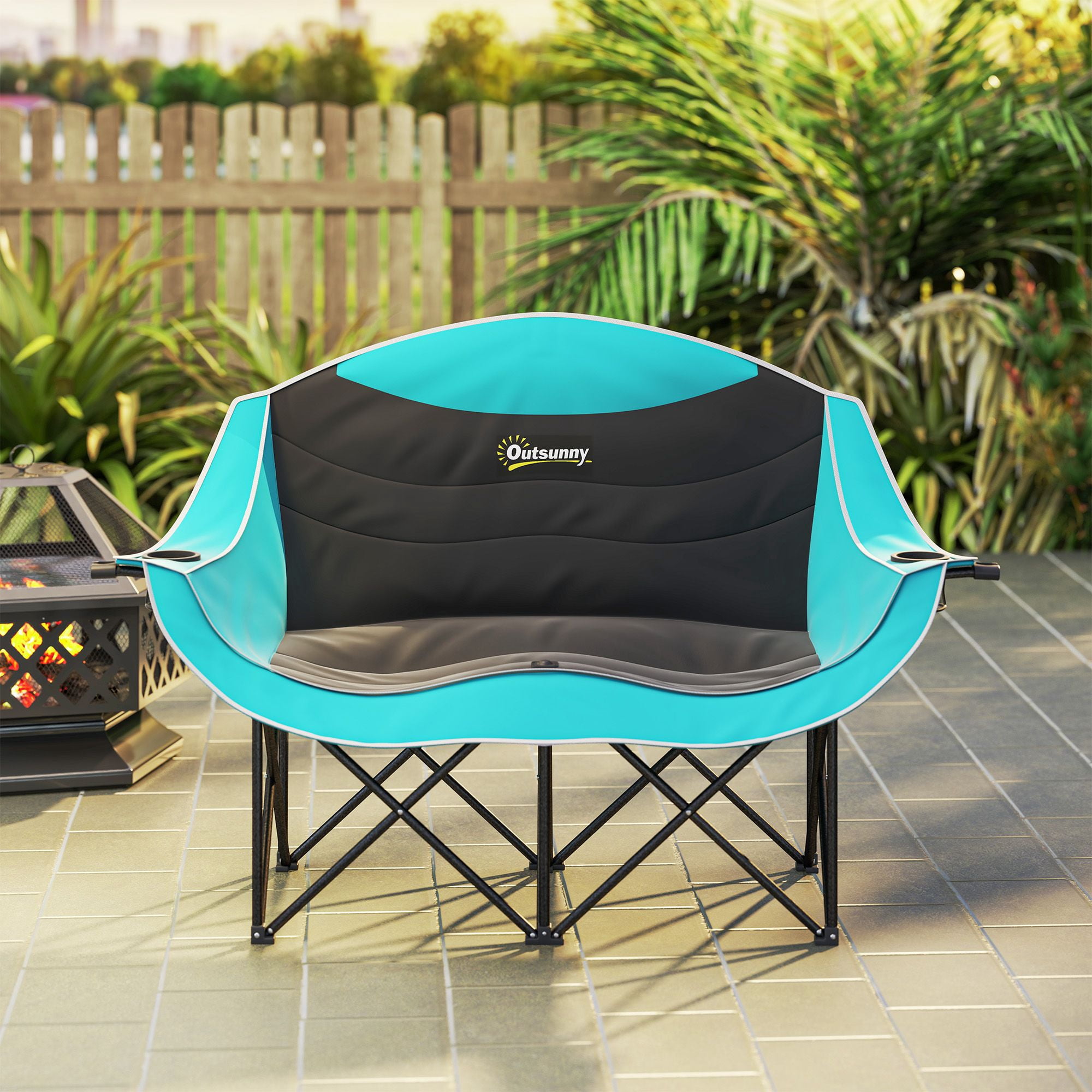 Padded Folding Camp Chair for Adults, Double Camping Chairwith Armrests, Cup Holders, Carry Bag for Outdoor, Green