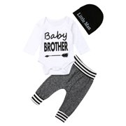 Infant Newborn Baby Boy Clothes Baby Brother/Little Man Letter Print Romper Long Pants Hat 3PCS Outfits Set